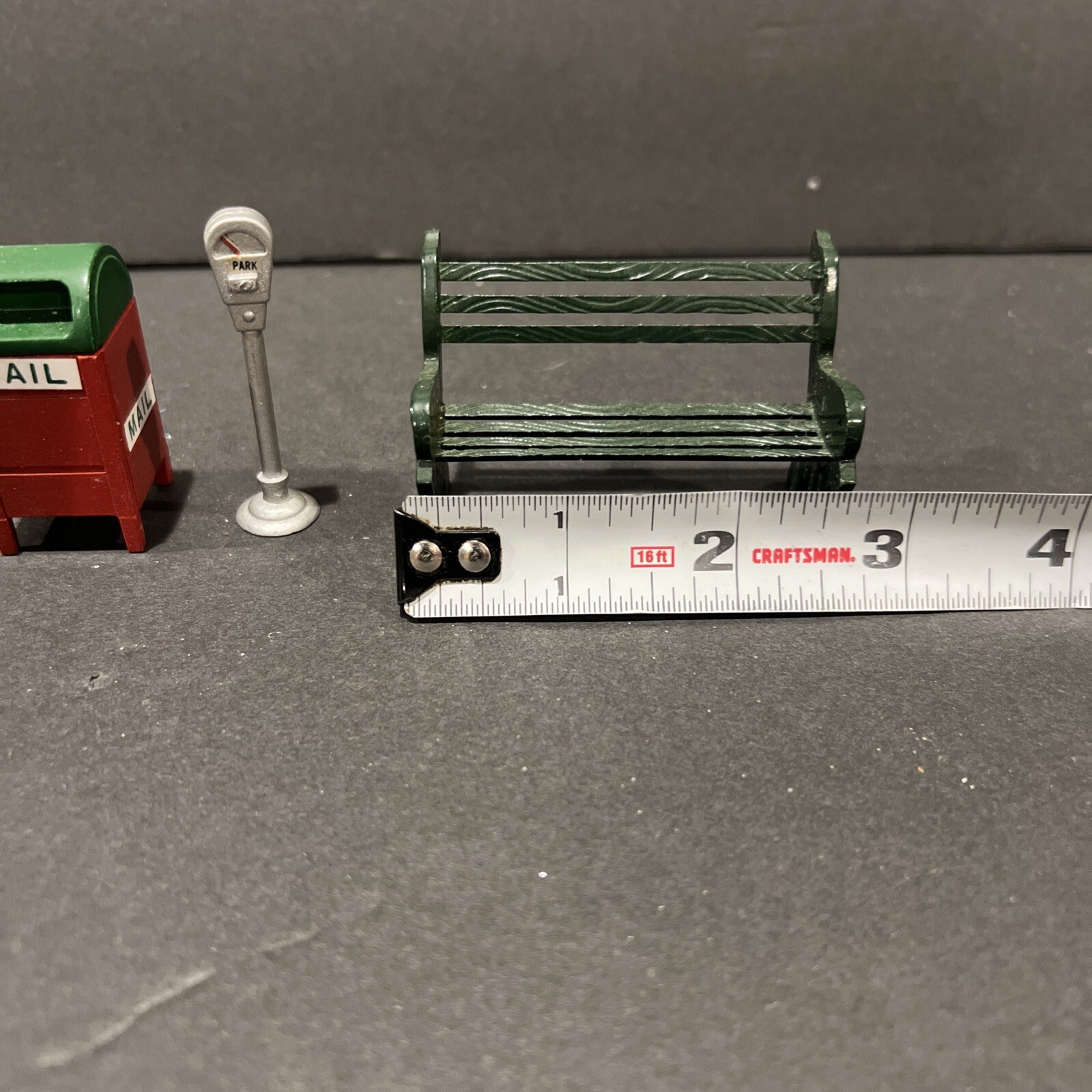 Vtg Christmas Village Metal Mail Box, Bench & Parking Meter Made In Taiwan