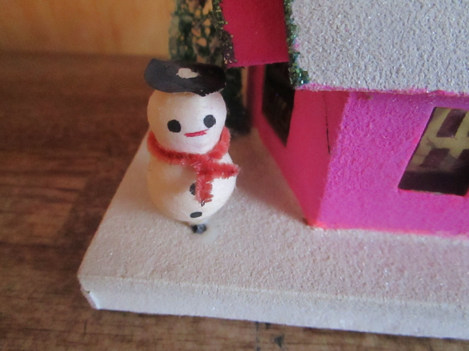 Vintage Putz House with 2 Trees & Snowman