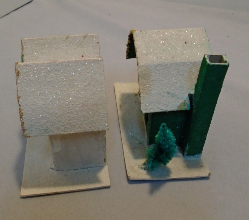 Christmas Cottages Glitter Cardboard Tree 2.75″ Tall 4″x2″ Bottom VTG FREE SHIP