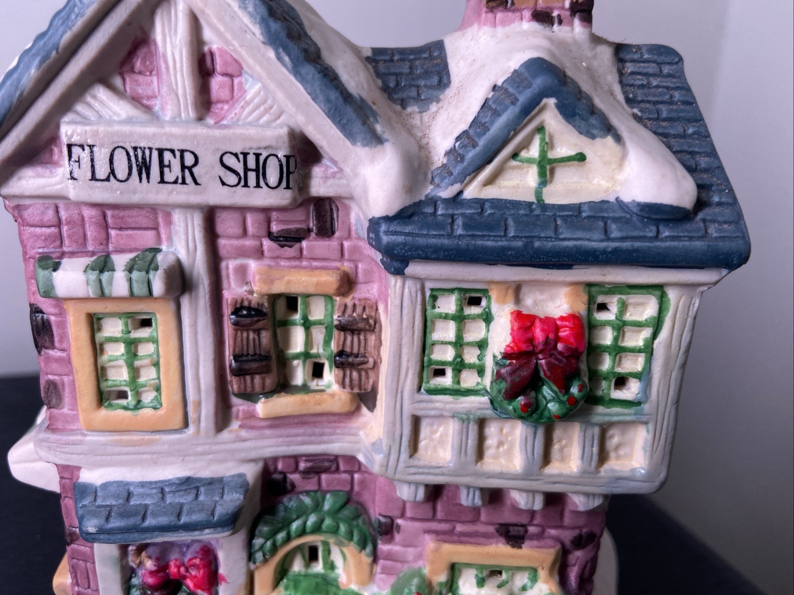 Christmas Village Flower Shop Snowy Roof Hand Painted Details Lighting Capable