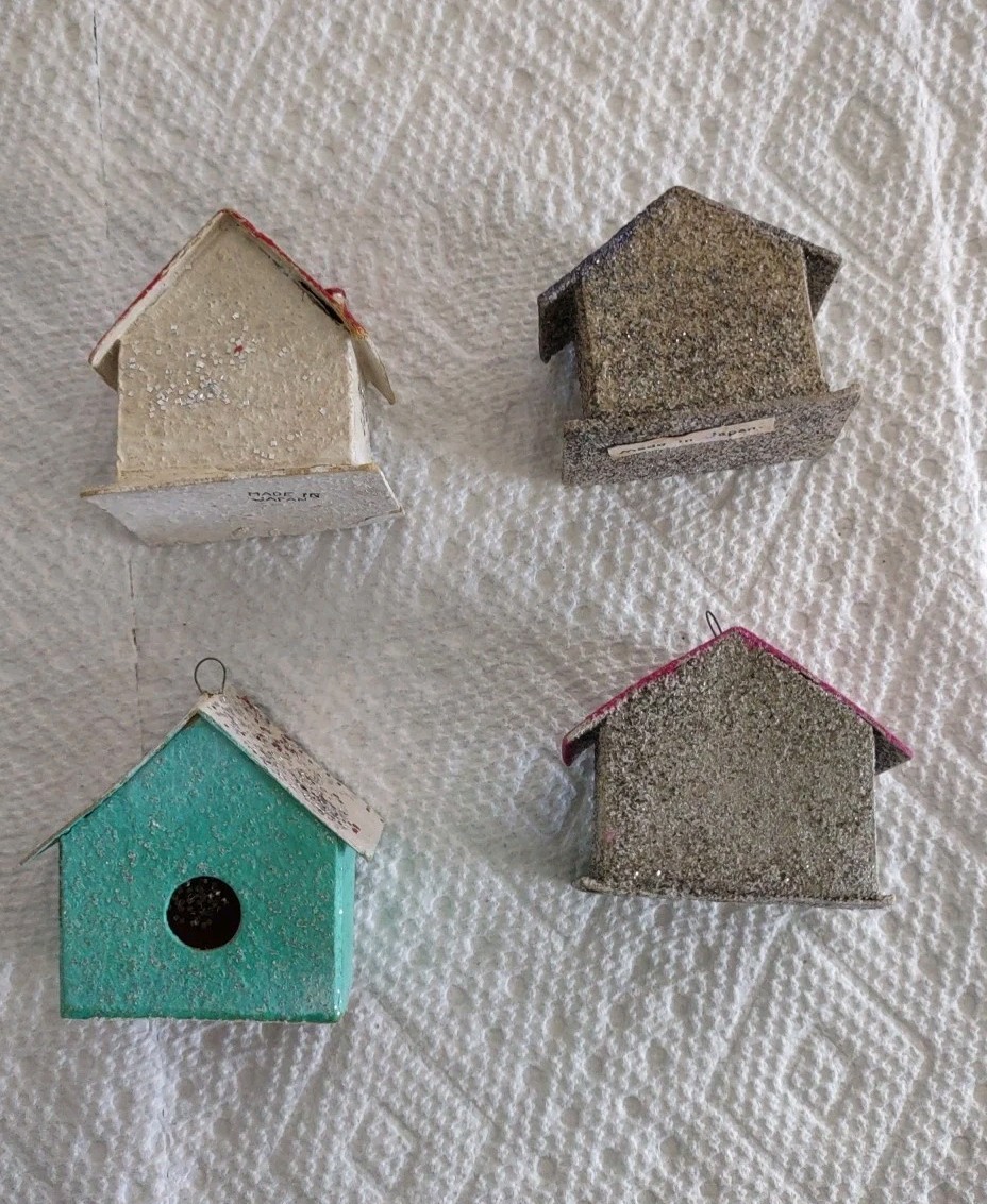 Vintage Lot Of 4 Putz Cardboard Paper Mache Mica Glitter Christmas houses Japan