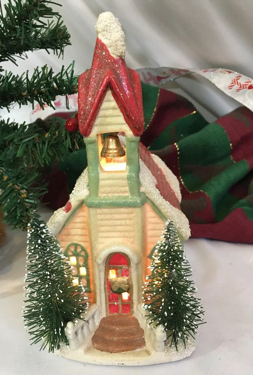 Christmas Light Up Village Church With Bell In Steeple 8X 5 1/2” Sugared Look