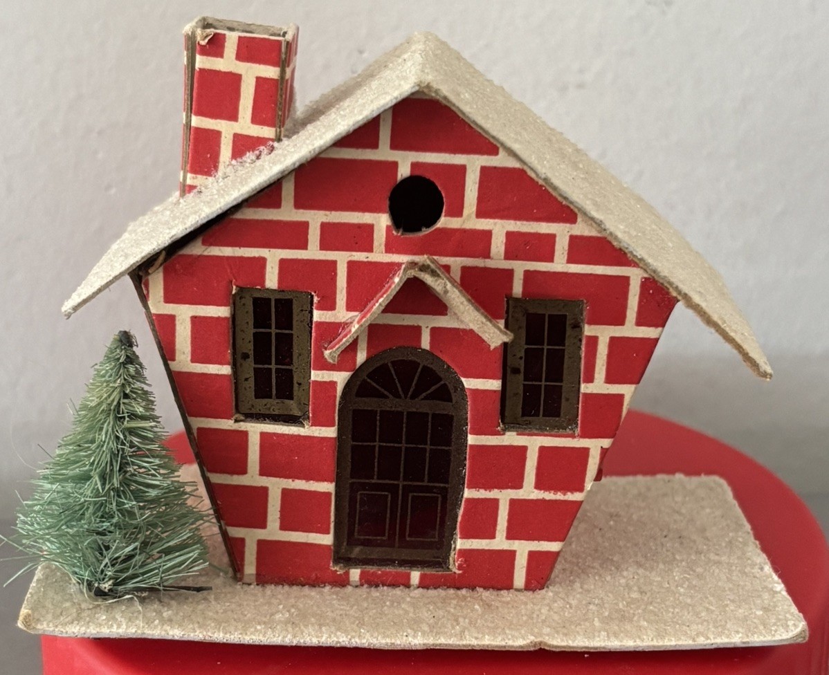 Vntg Putz House Red Brick with Cello Windows & Bottle Brush Tree Glitter L-D