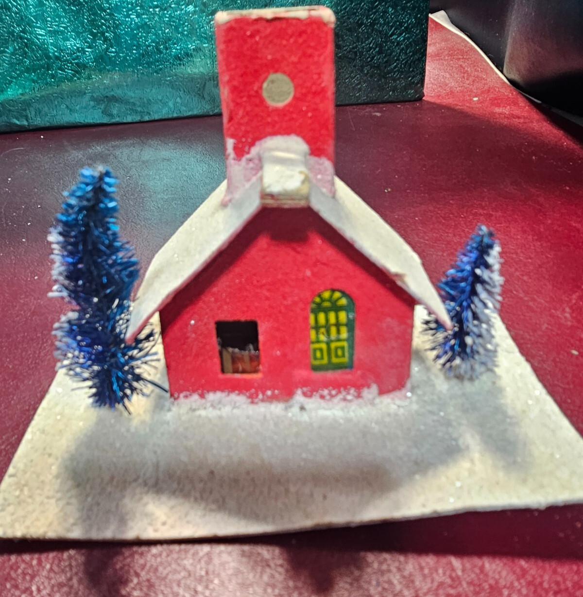 Vintage Japan Cardboard & Mica Putz Christmas Village Orange Red Blue Tree House