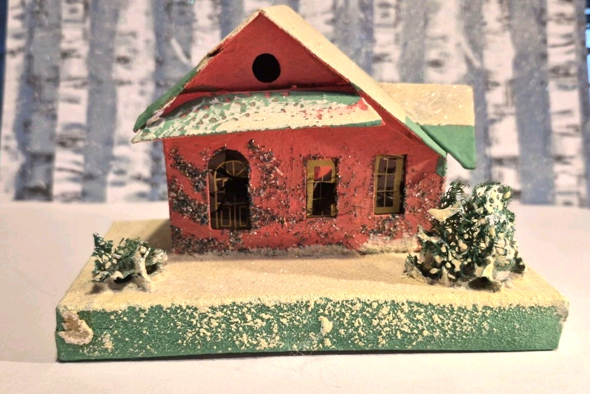 Vintage Putz House Christmas Cardboard House Tree Glitter READ #1