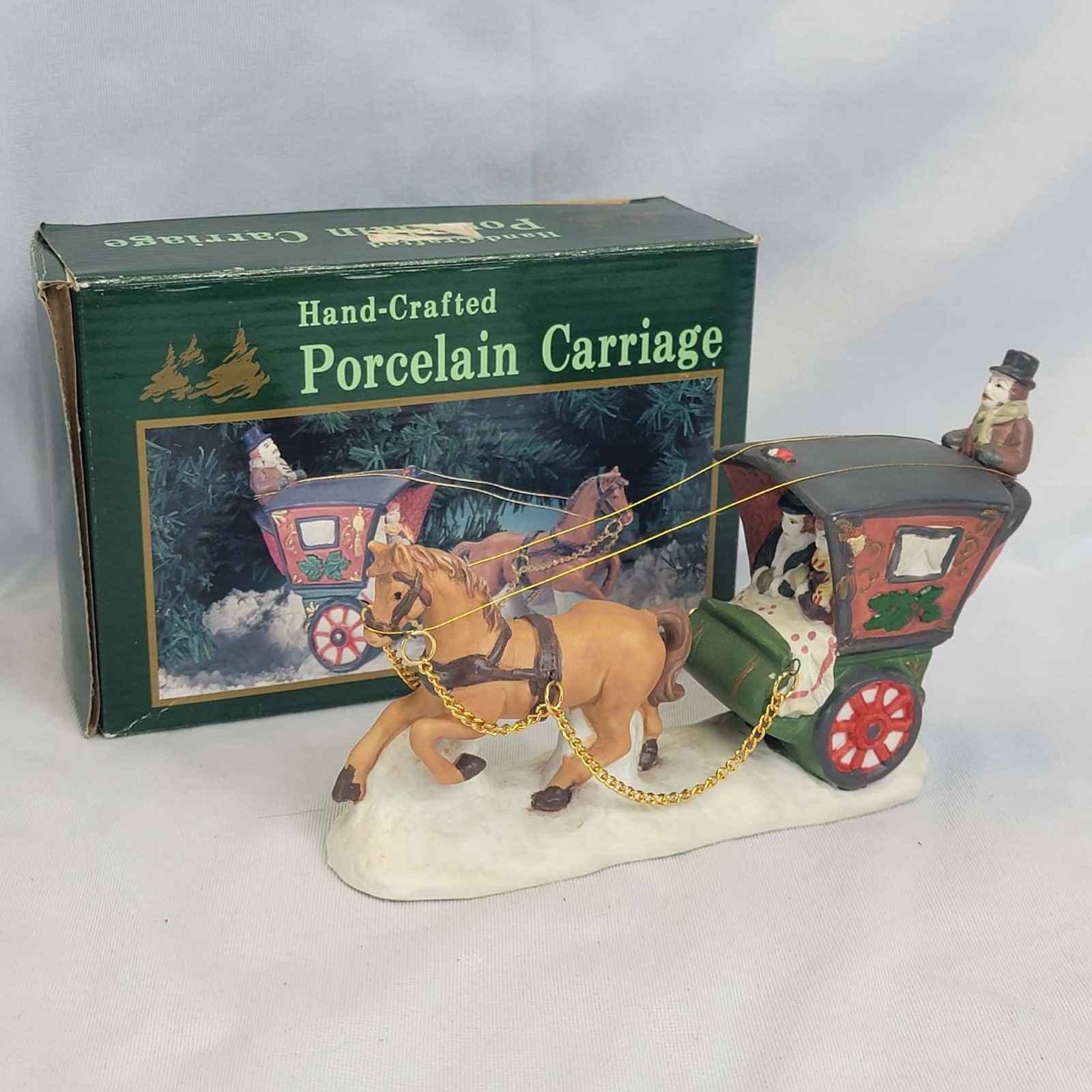 Hand Crafted Porcelain Horse Drawn Carriage Christmas Village Scene w Box