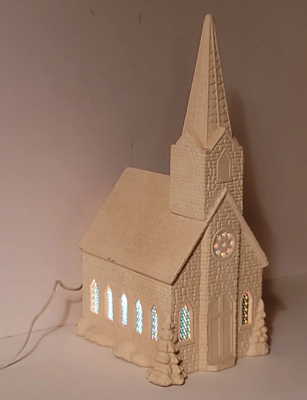 Vtg Christmas LARGE Ceramic Church Light Colorful Windows Matt Cream Cobblestone
