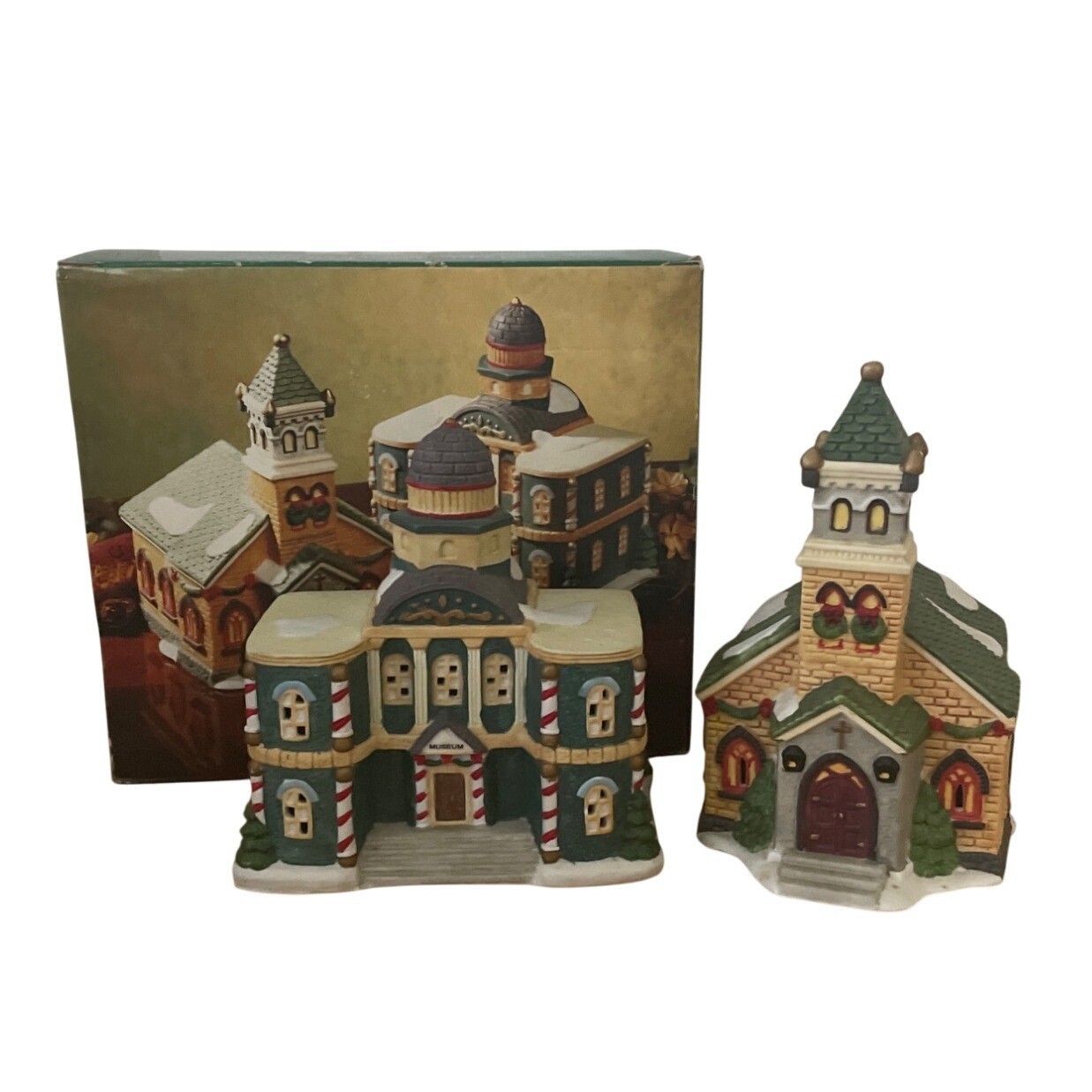 1994 Grandeur Noel Snow Flake Village Museum and Church Christmas Hand Painted