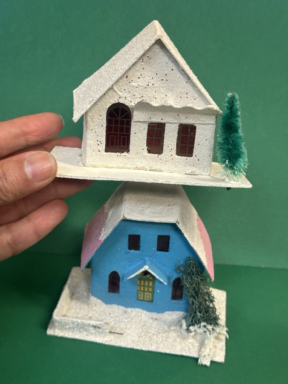 Vintage Christmas Putz House Lot Of 2 Japan Blue White Pink Village