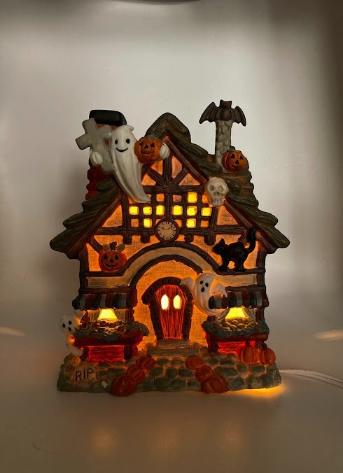 Vintage Porcelain Illuminated Haunted House 7″ Tall w/Cord Ghost with Cross