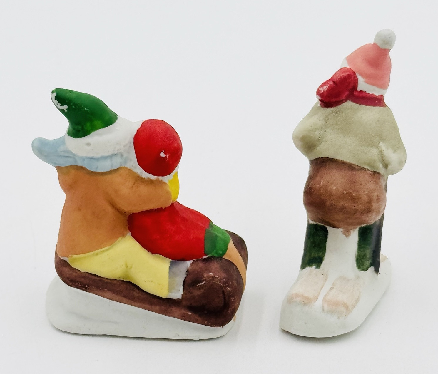 6 Christmas Village Figures Ceramic Skiing Sledding Towns People Kids Flaw