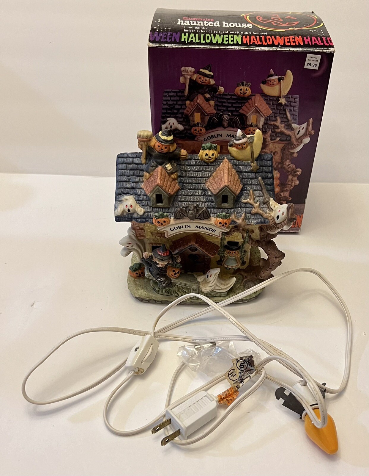Vtg Halloween Ceramic Goblin Manor Plug In Light Up Ghosts Witch Bat Pumpkins