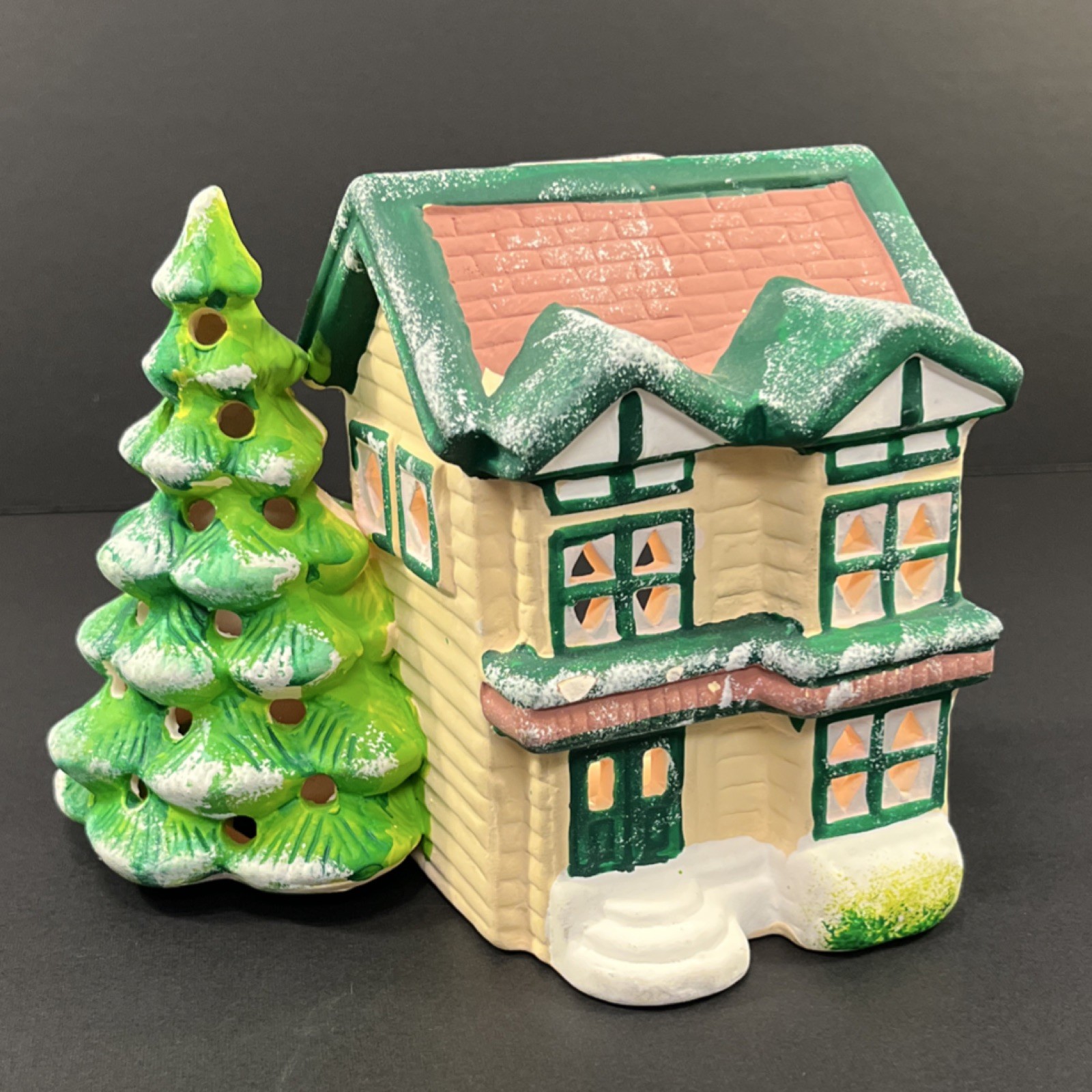 Ceramic Hand Painted Christmas House with Tree, Snow, Traditional Decor