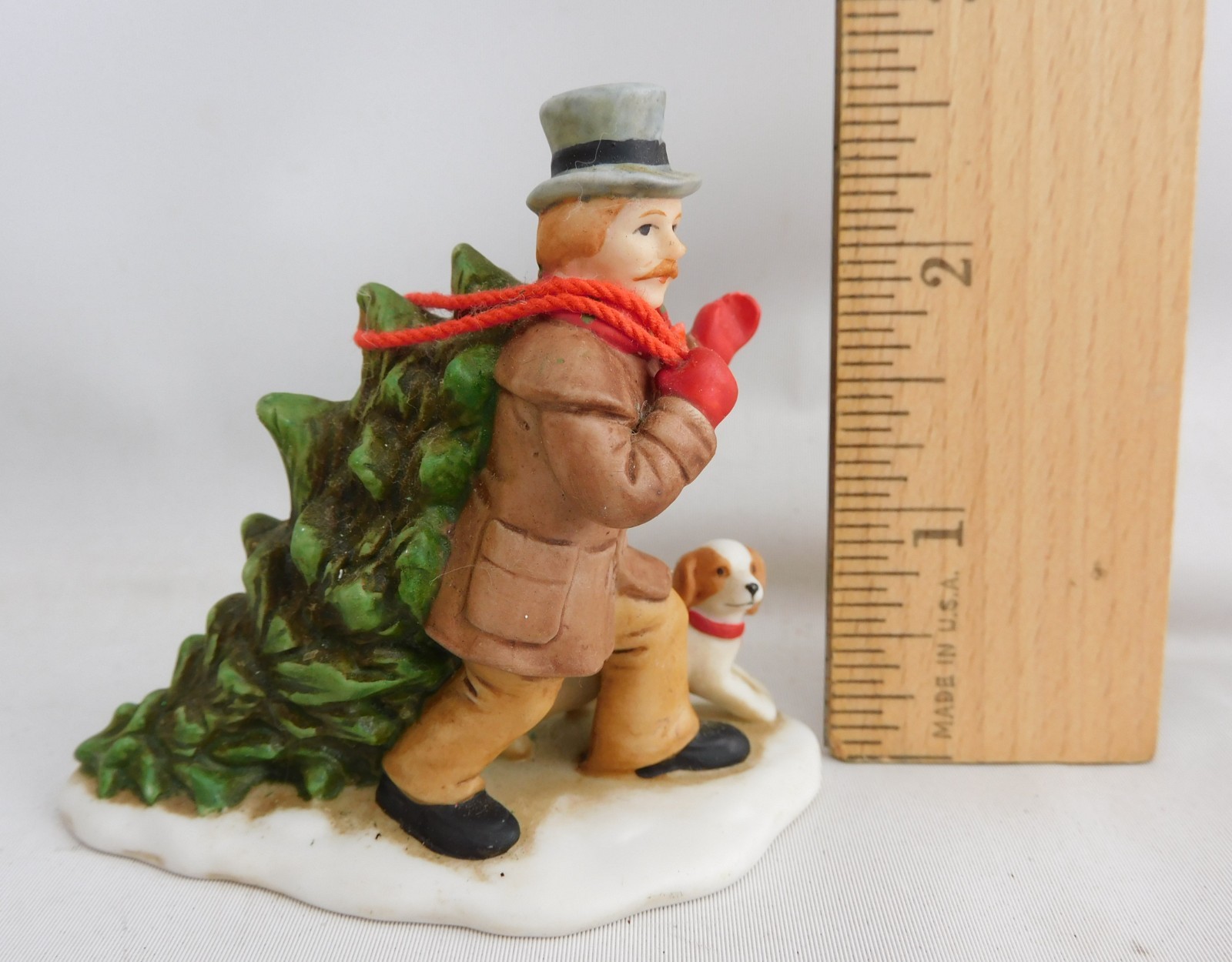 Man with Christmas Tree and Dog Lefton Colonial Village Porcelain 1989 2-5/8″H