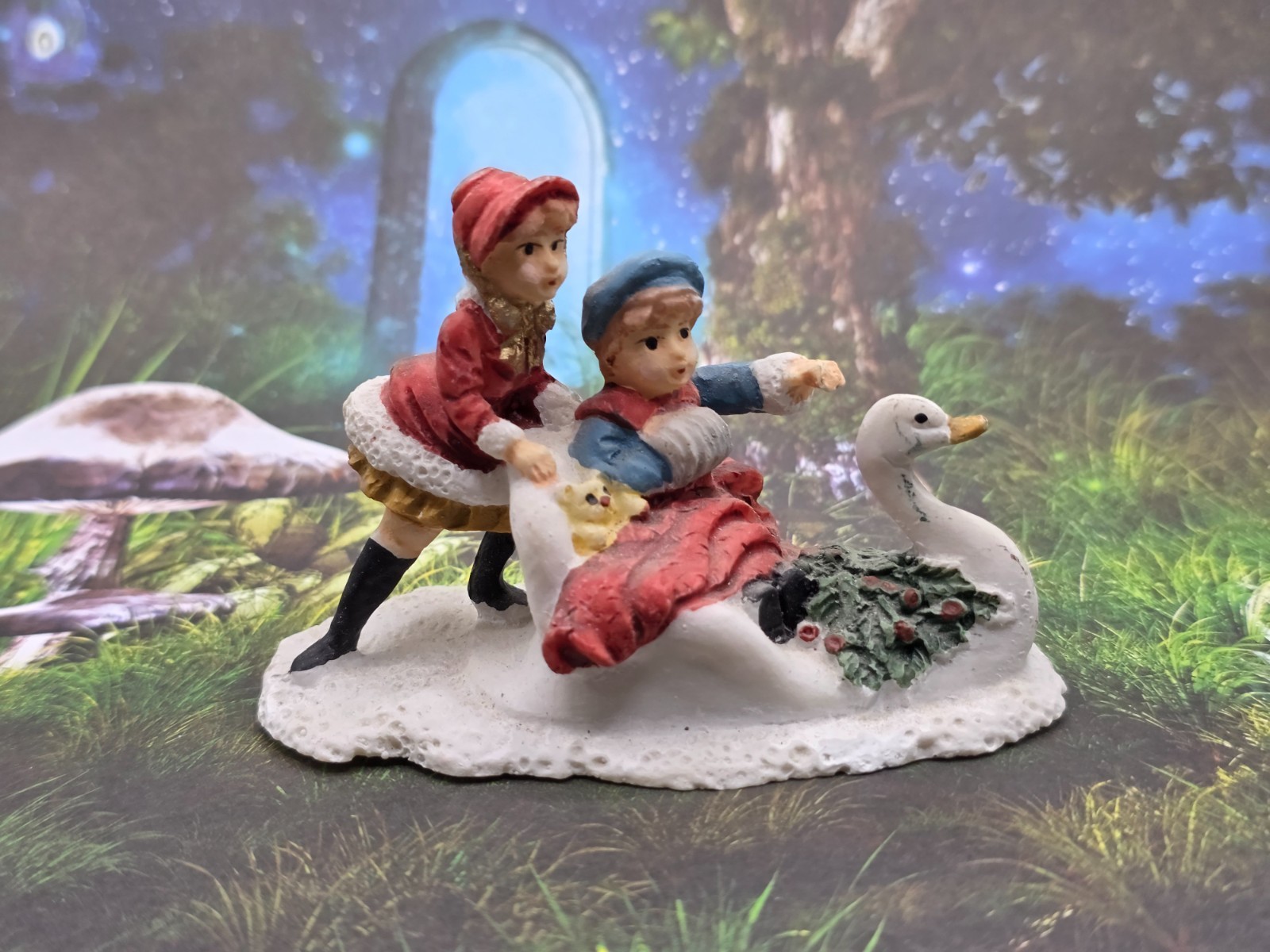 Christmas Village Square Children On A Swan Sleigh Sled Vintage 90’s Figurine
