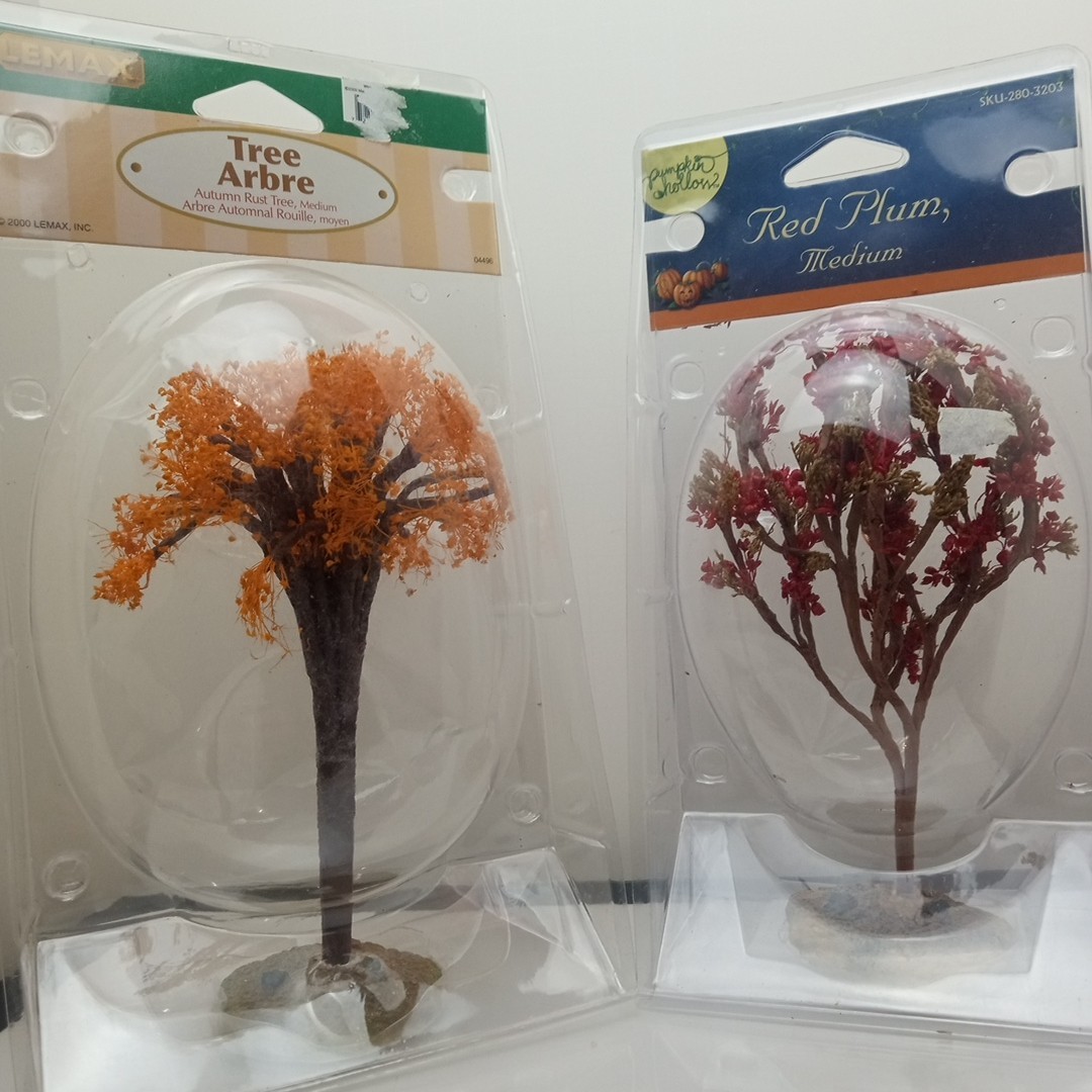 2 Vtg Medium Christmas Village Fall Trees Autumn Rust Red Plum Lemax Pumpkin