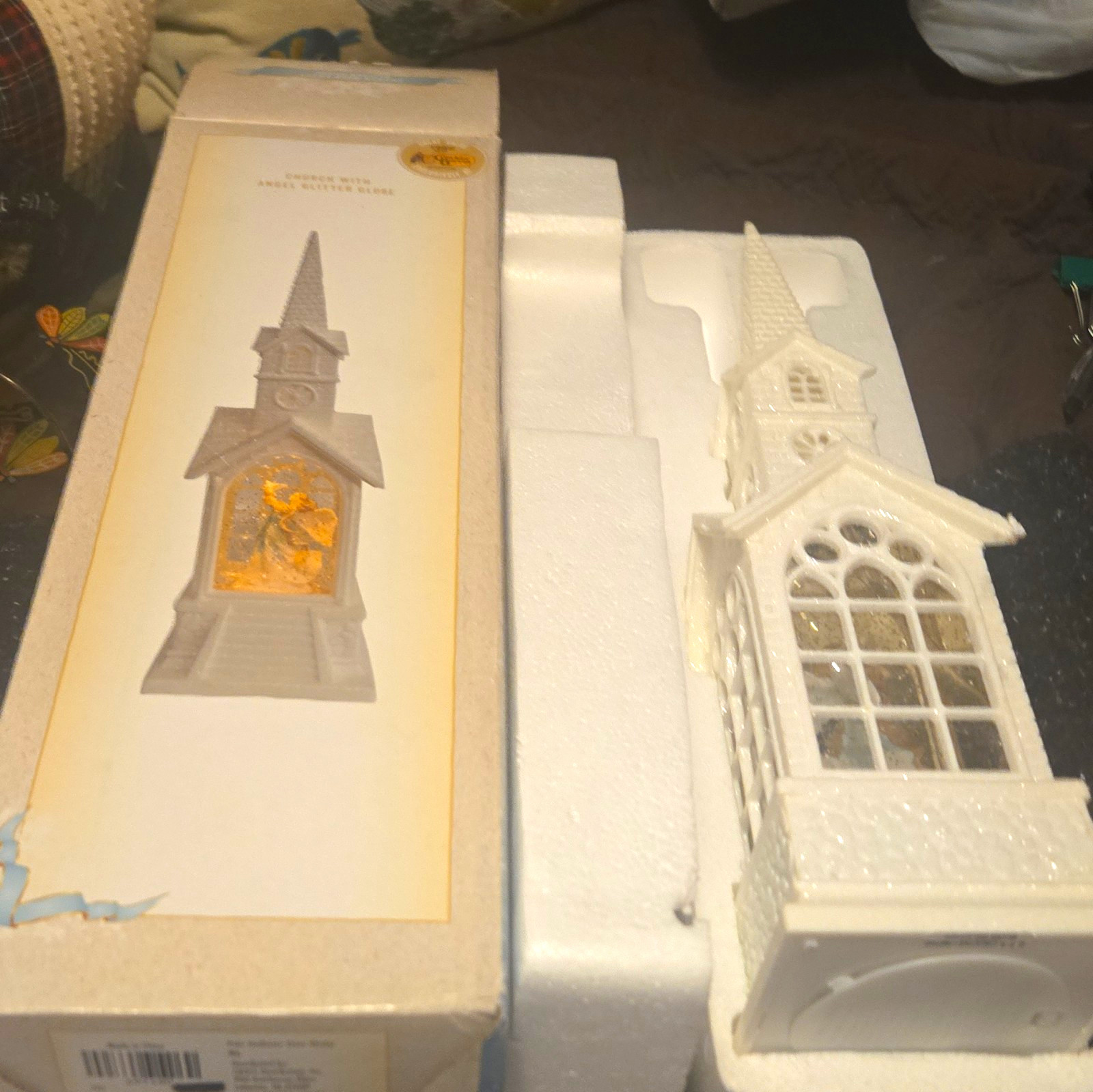 Cracker Barrel Illuminated Glitter Globe Church Decor, White Ceramic, Boxed