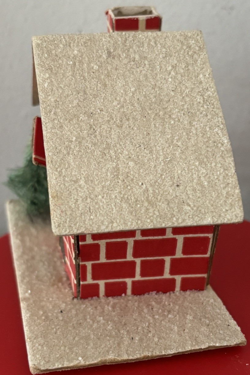 Vntg Putz House Red Brick with Cello Windows & Bottle Brush Tree Glitter L-D