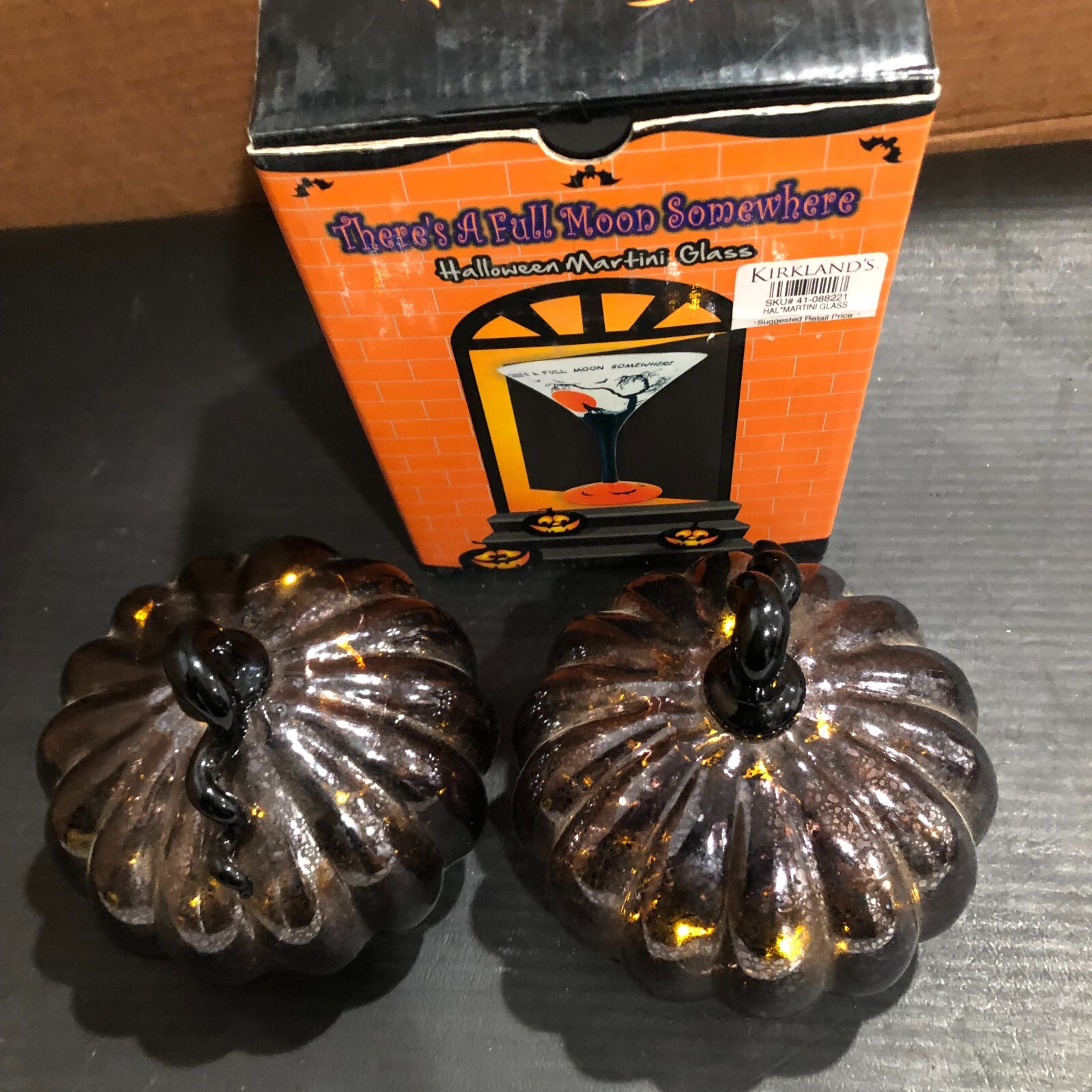 (SET OF 2) HALLOWEEN GLASS BLACK PUMPKIN LIGHTED, FREE SHIPPING