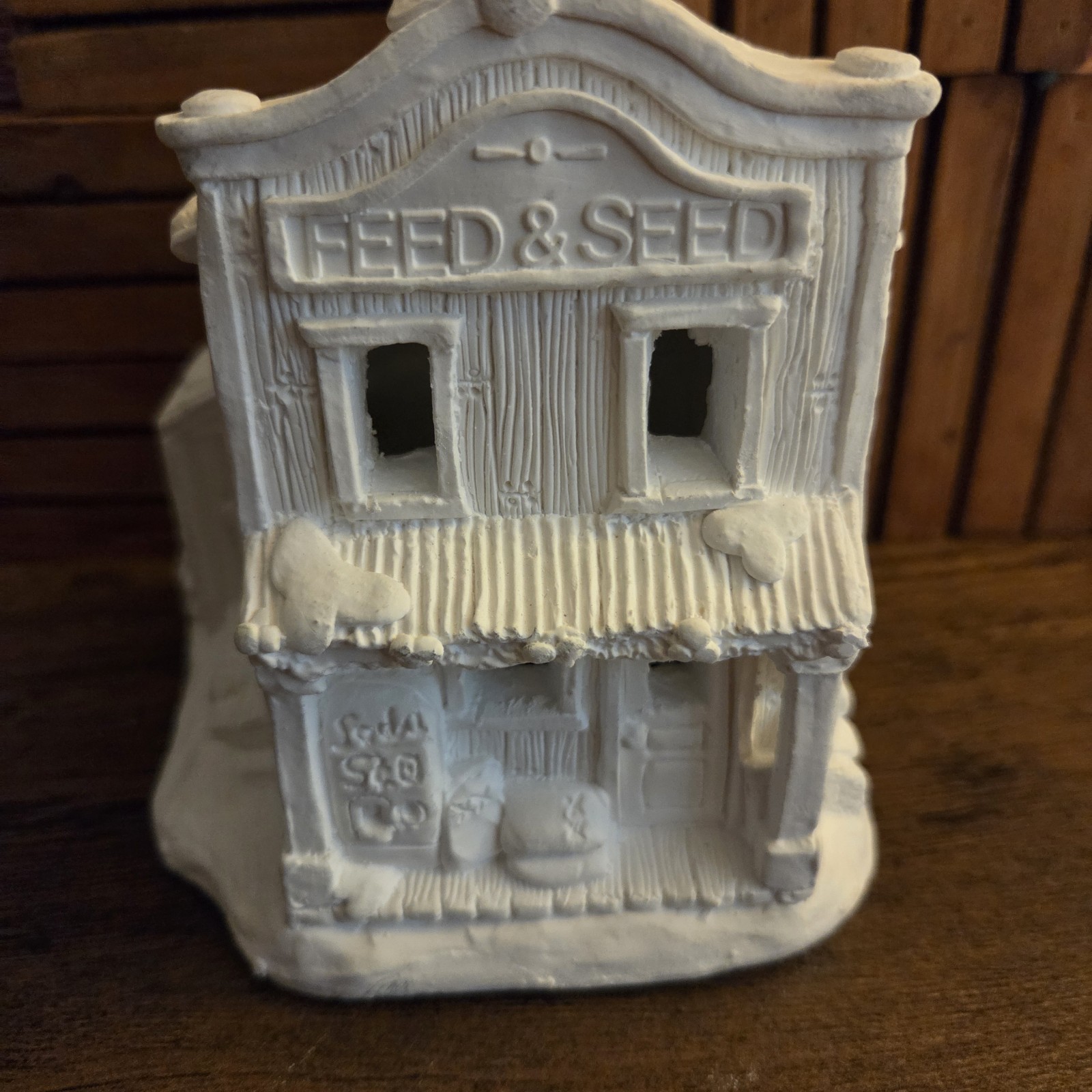 White Unpainted Ceramic & Porcelain Village House Building “Feed & Seed”