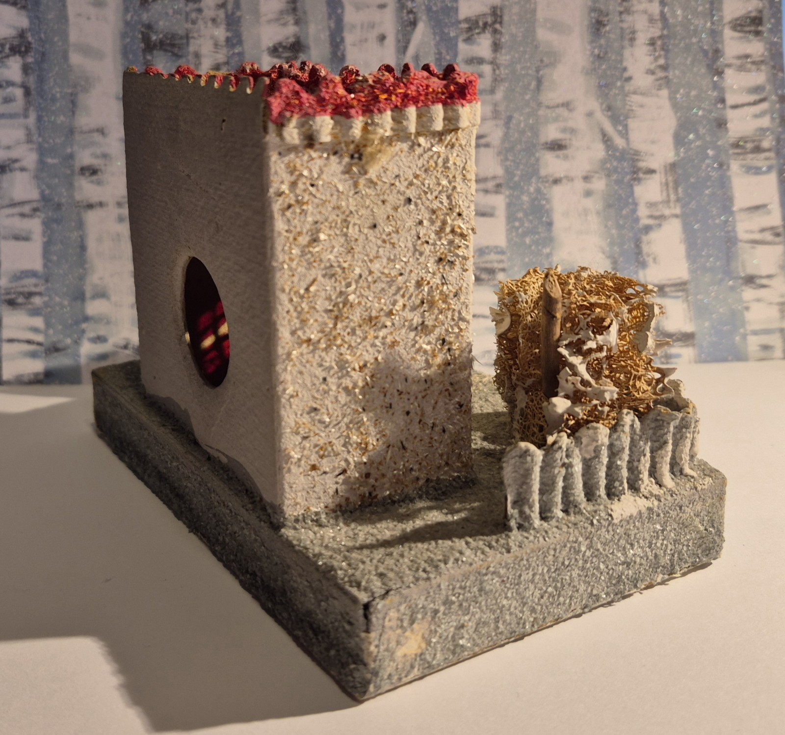 Vintage Putz House Christmas Cardboard Tree Fence Glitter House