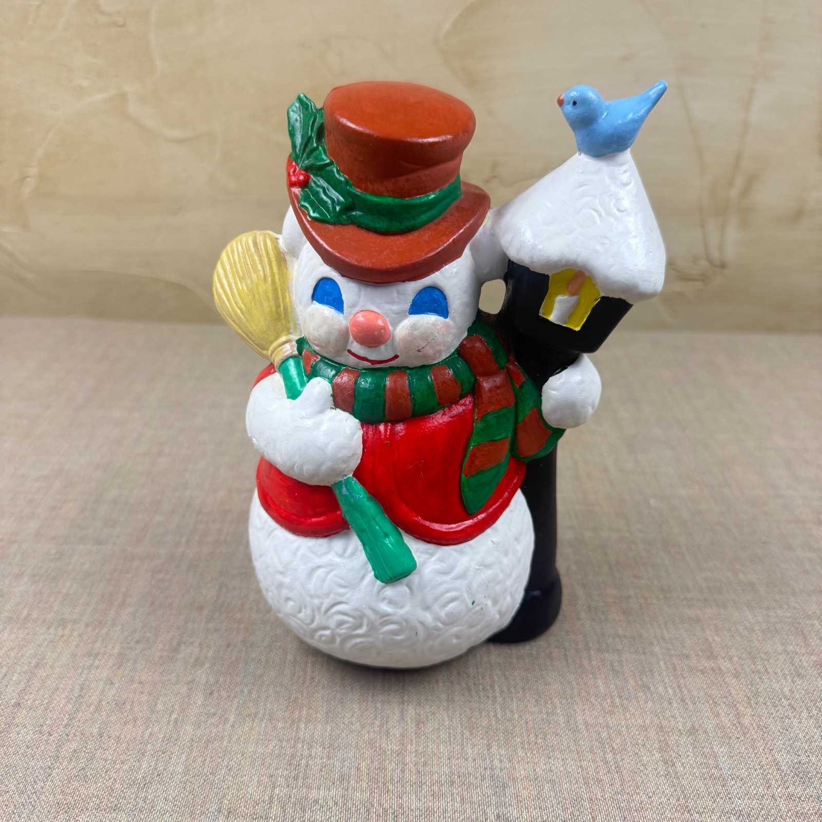Vintage Snowman Figurine with Lamp Post & Bluebird – Bright Hand-Painted Christm