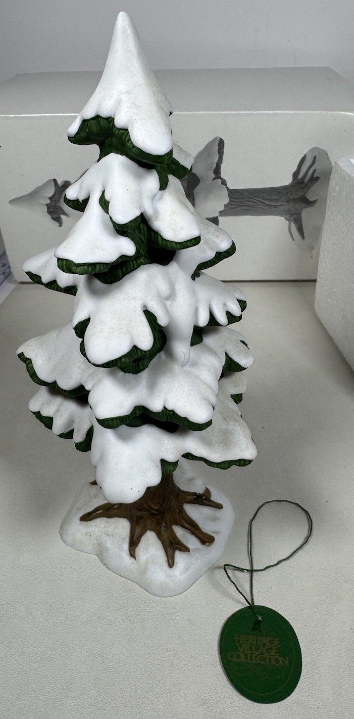 Dept 56 Heritage 2 Lot- Village Porcelain Pine Large Tree & Red Covered Bridge