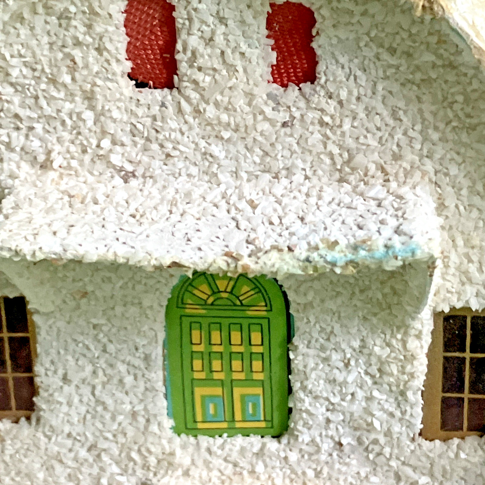 2 VTG Christmas Putz Houses, Cardboard w Mica Glitter, Windows, Trees