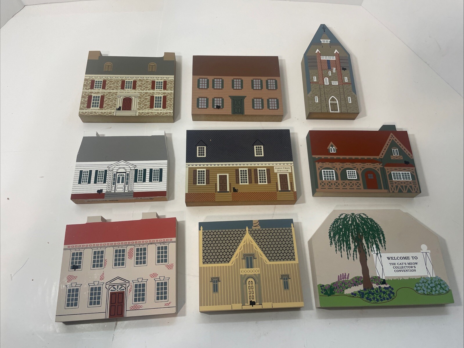 Lot 9 Cats Meow Wooden Village Pieces Collectors Club Edition Series Convention