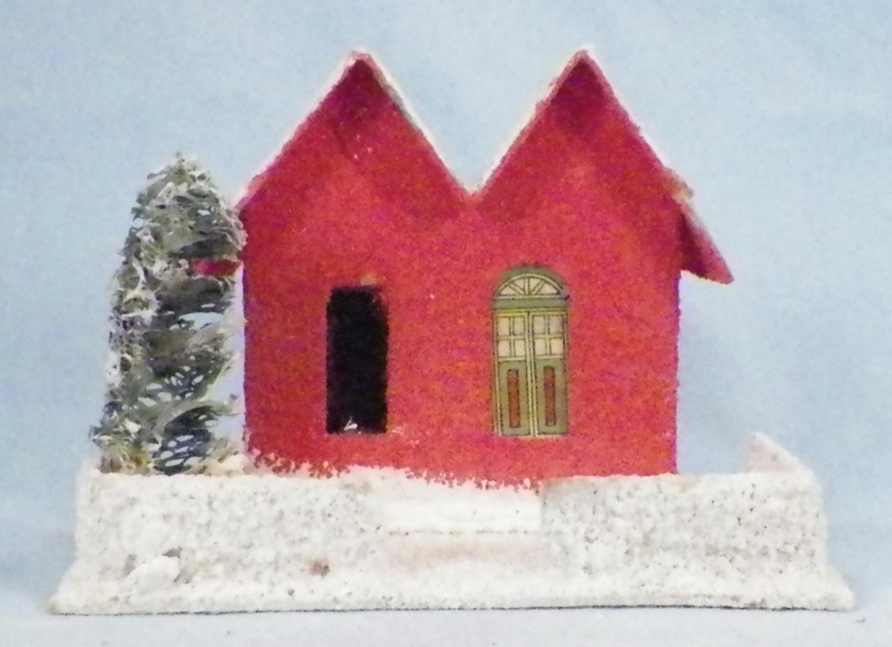 Christmas Putz House Red Green Roof Glitter Snow Scrub Tree Vintage #33
