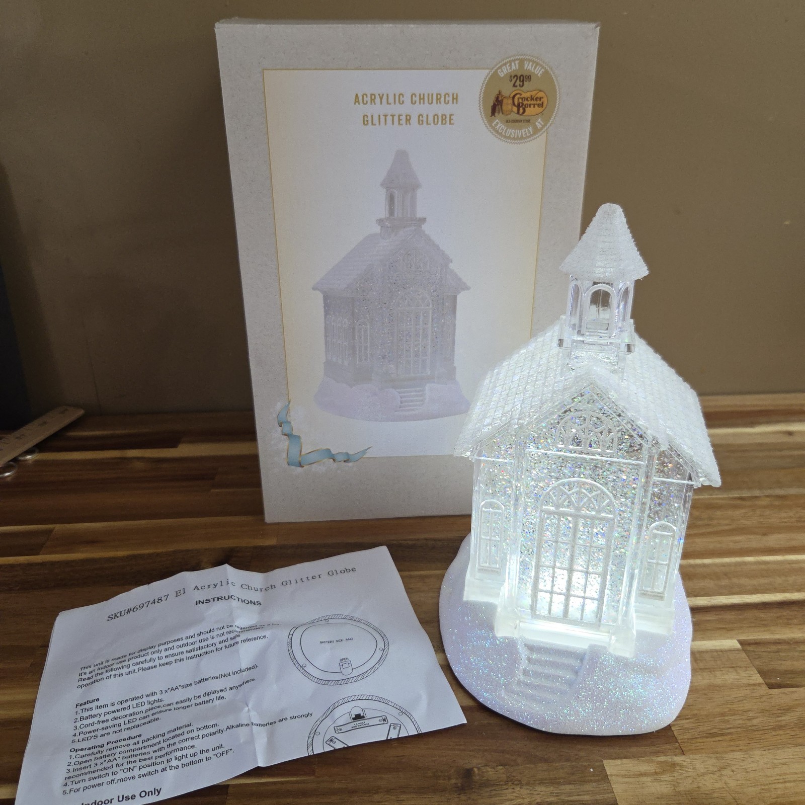 Cracker Barrel Acrylic Church Glitter Globe Vintage Christmas Decor Rare TESTED