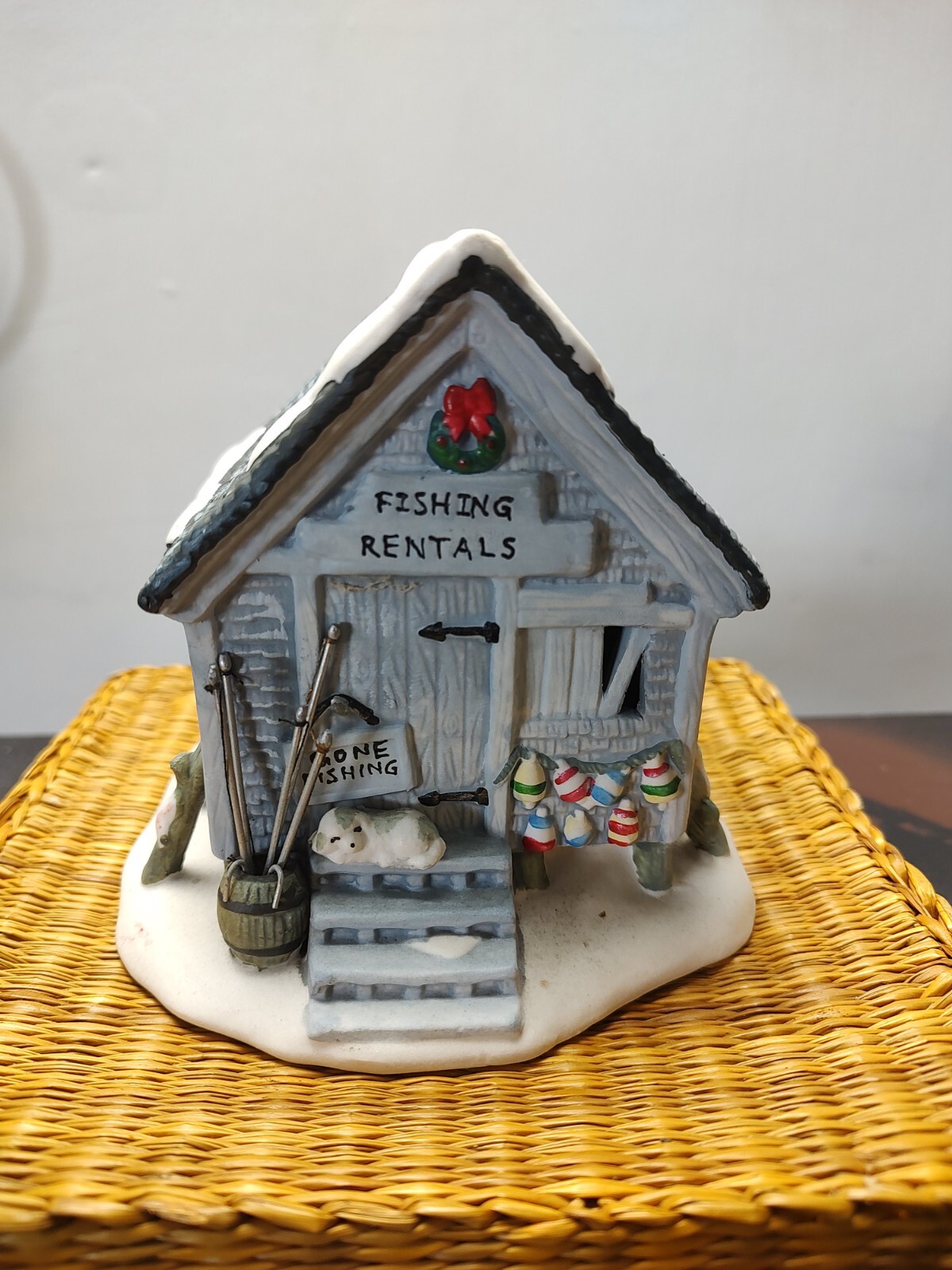 “Fishing Rentals” Village House w/dog on porch & poles Keg Detailed No cord 107