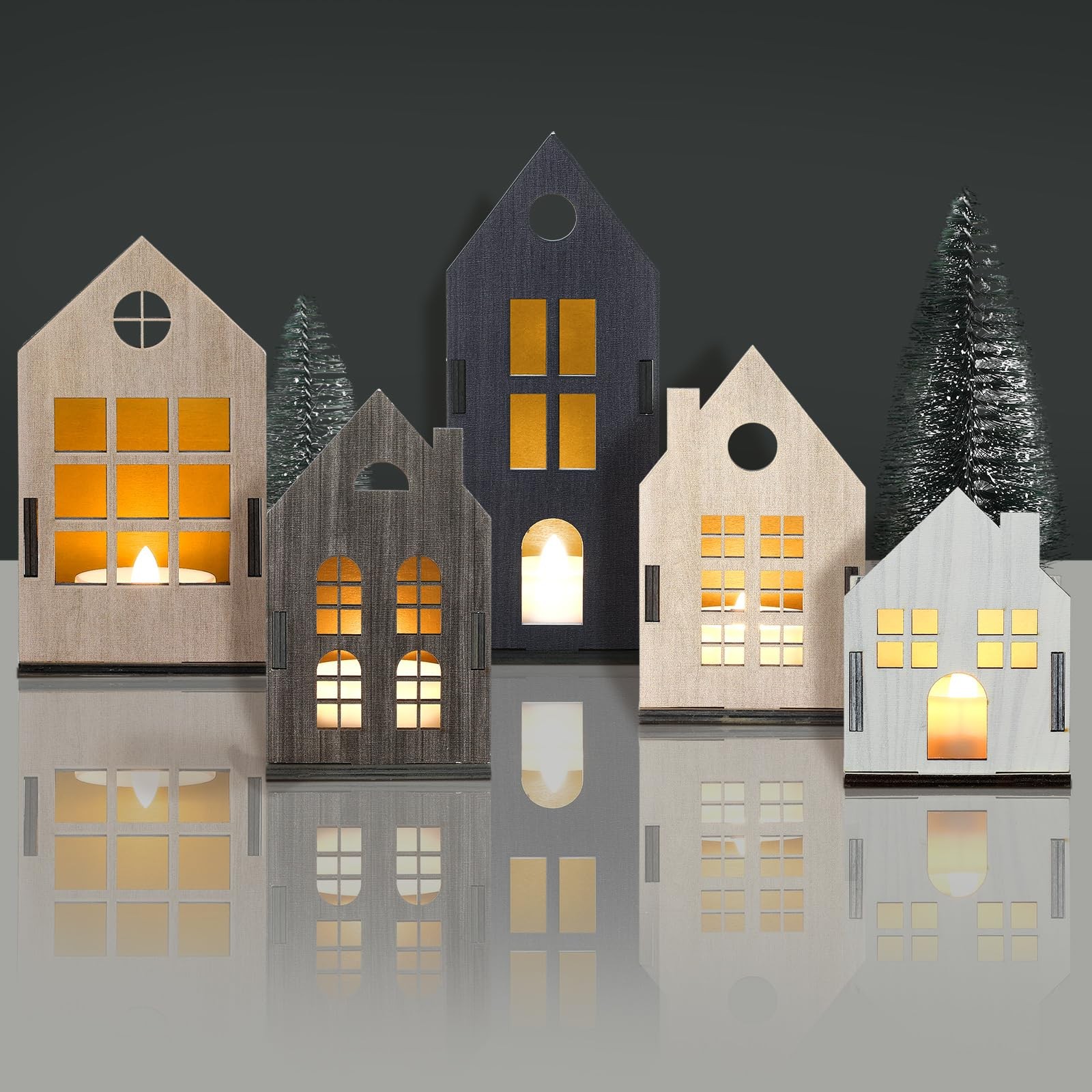 Syhood 8 Pcs Christmas Village Set, 5 LED Lighted Wooden Houses and 3 Frosted…