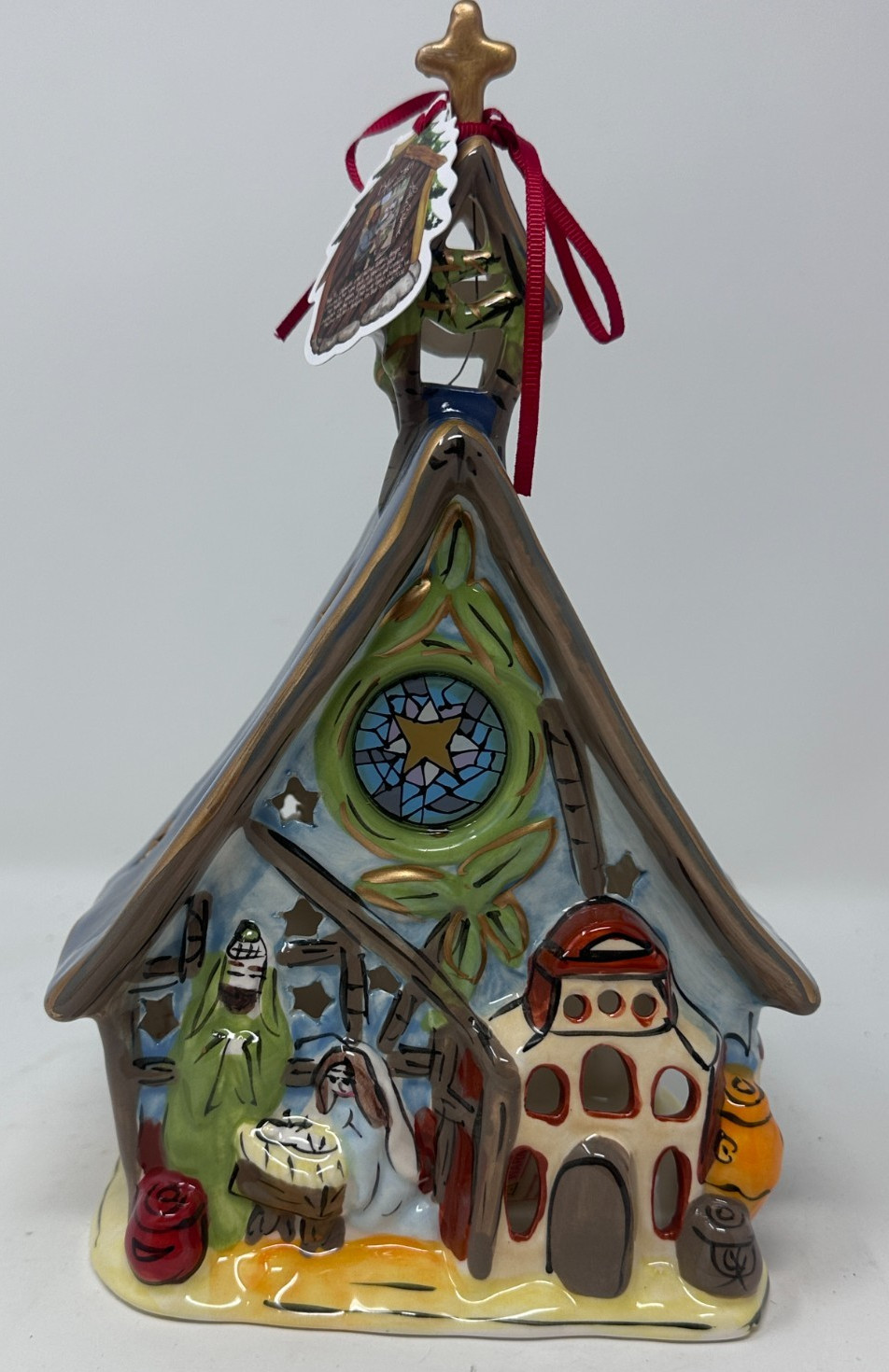 Blue Sky Clayworks Nativity Church with Stained Glass Window 2009, NEW