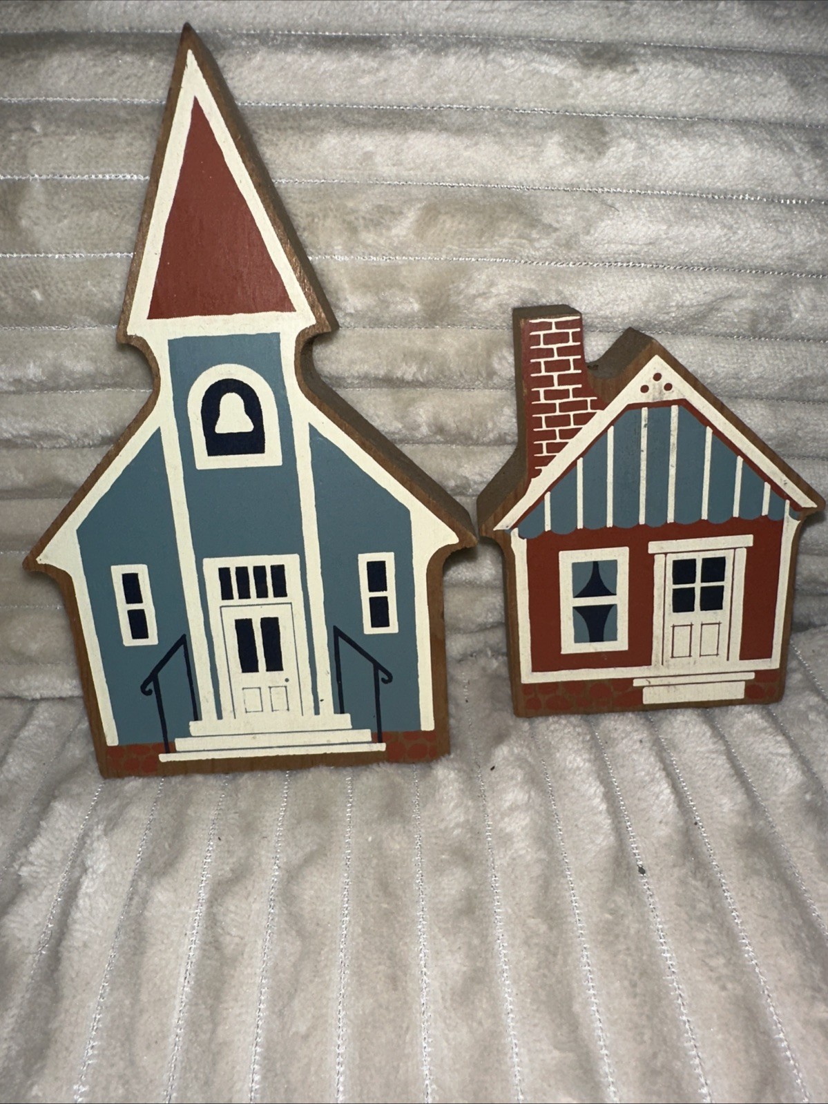Vtg Hand Painted Wood Folk Christmas Village USA Church & House Set