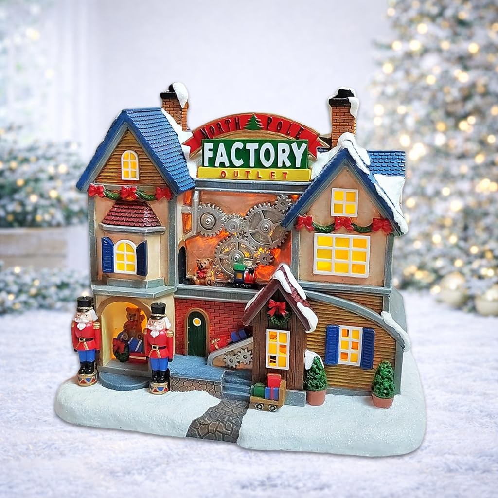 North Pole Factory Outlet LED Lighted Animated Christmas Village House, Hand-…