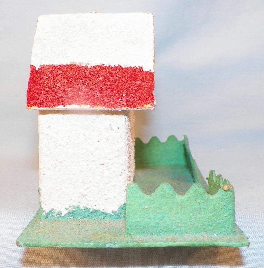 Christmas House Putz Railroad Display White Red Roof Green Fence Vintage #44
