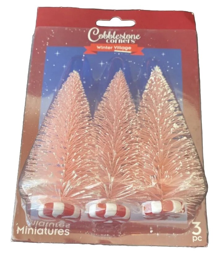 Cobblestone Corners Miniatures Trees Pink Candy Cane Tree Snow 6 Piece Set