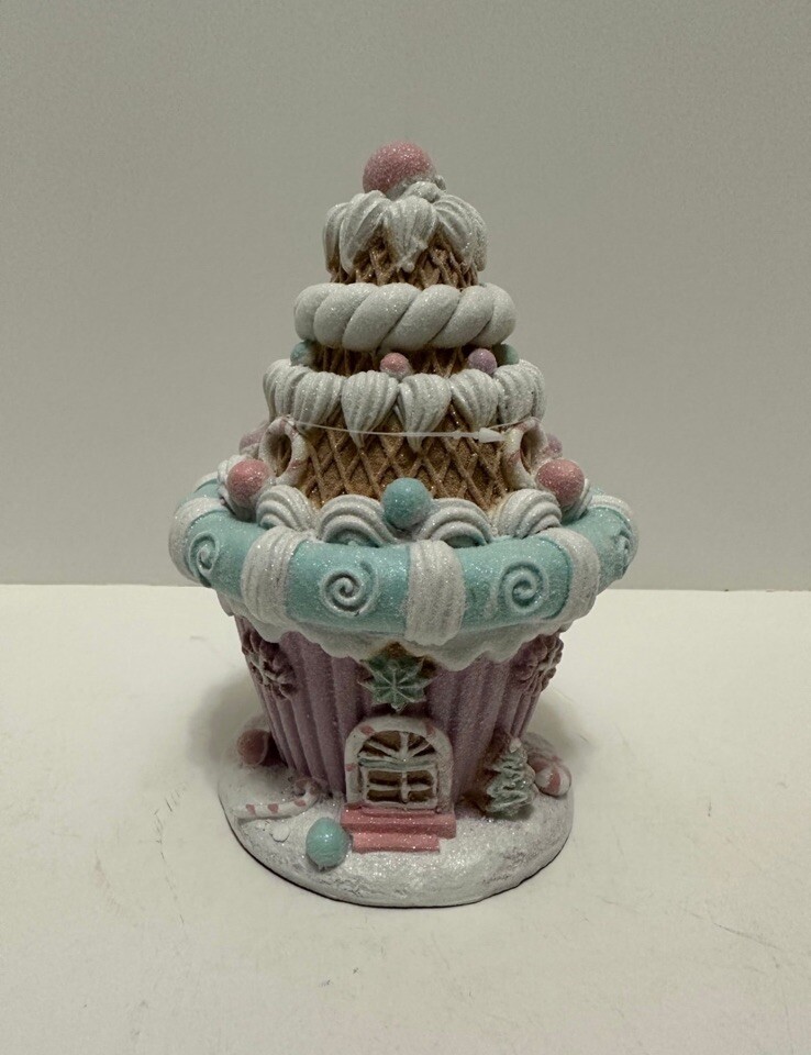 New Mrs. Claus’ Bakery 8” pastel PINK Cupcake Gingerbread Waffle House Christmas