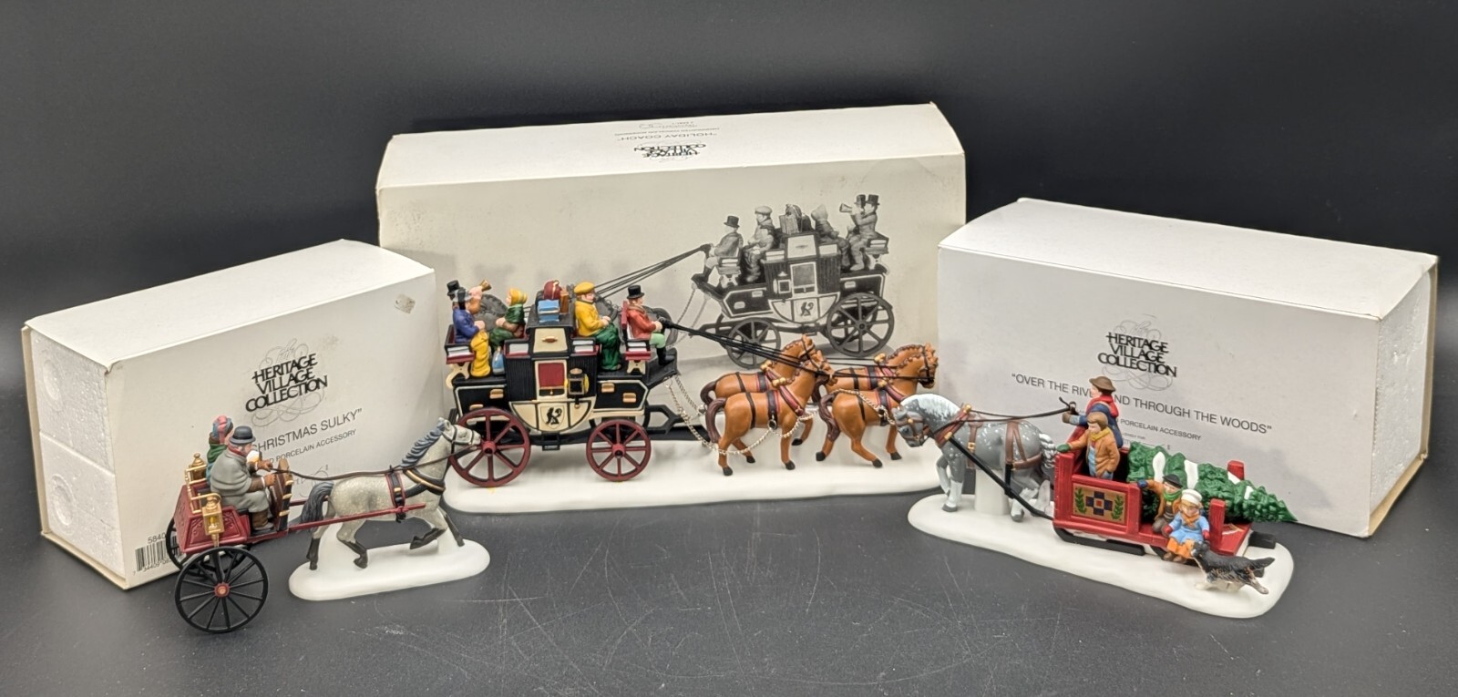 DEPT 56 OVER RIVER WOODS #5654-5, RED CHRISTMAS SULKY & HOLIDAY COACH