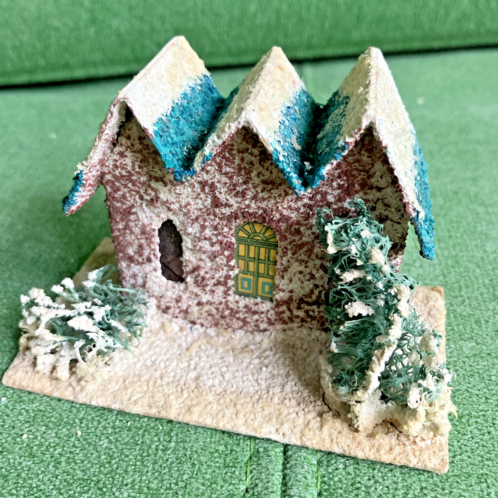 5 Different VTG Christmas Putz Houses, Cardboard w Mica Glitter, Windows, Trees
