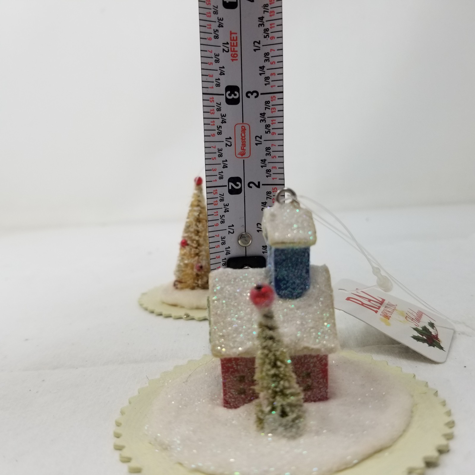 RAZ Snow Village Miniature House Bottle Brush Tree Glitter Scene Set of 3 Vtg