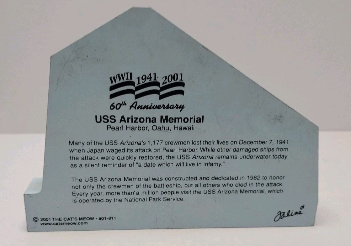 Cat’s Meow USS Arizona Memorial Pearl Harbor, Hawaii Wood Shelf Sitter 2001