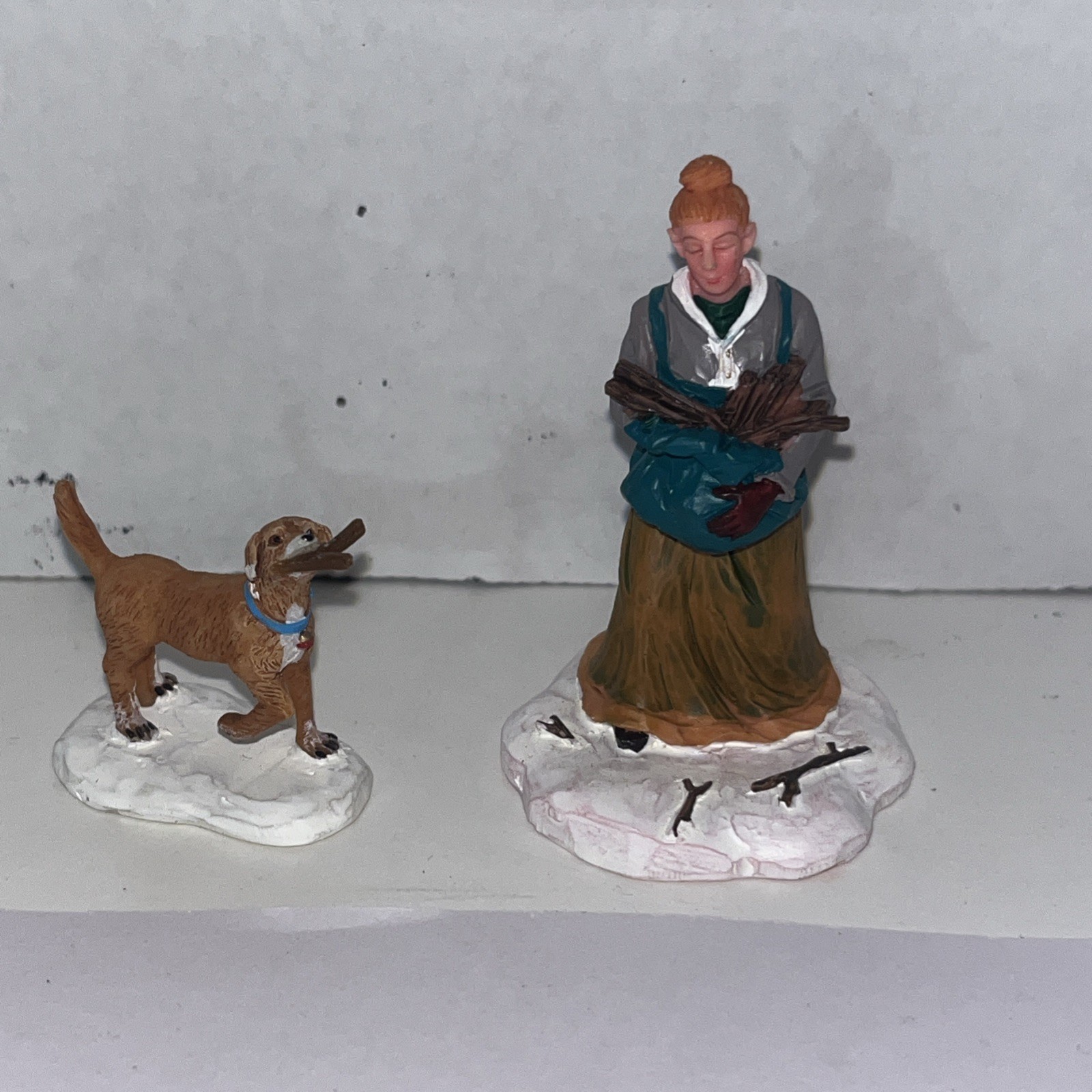 Vintage Lemax Christmas Village Figurine Gathering Kindling Woman & Dog Lot of 2