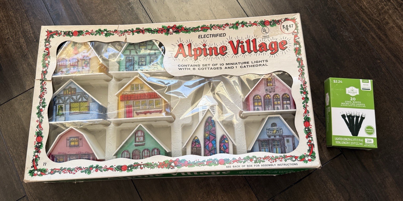 Vintage Electrified Alpine Village String Lights Church Cottages Christmas Decor