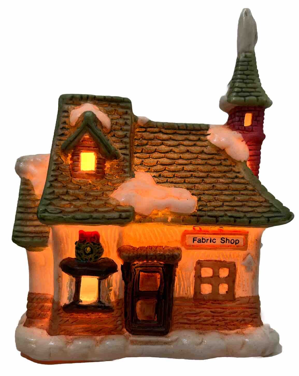 Mini Porcelain Lighted Christmas Village Fabric Shop Approx 3.5×2.5×5 Inch