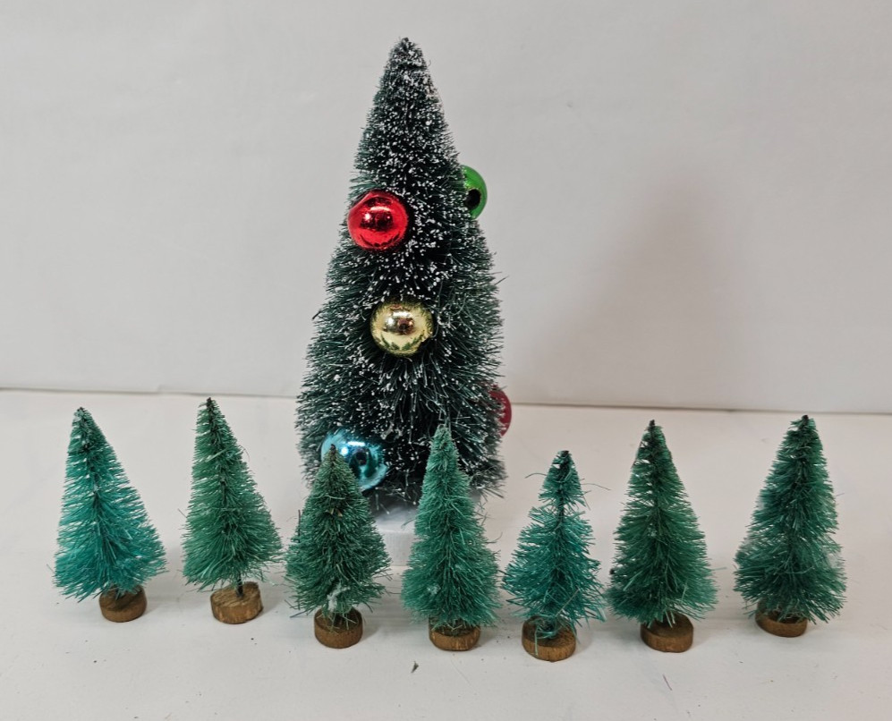Christmas Village Bottle Brush Trees 6″ Tree w/Ball Ornaments & 7-2 1/2″ Trees