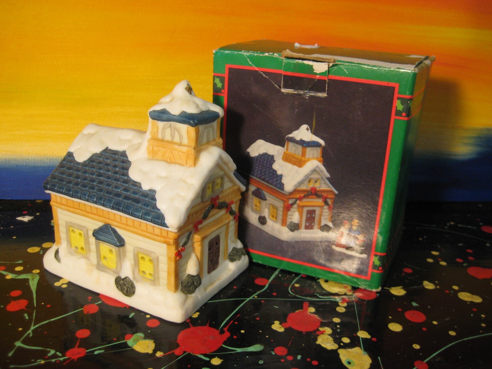 Miniature Christmas Village Porcelain Church with Box