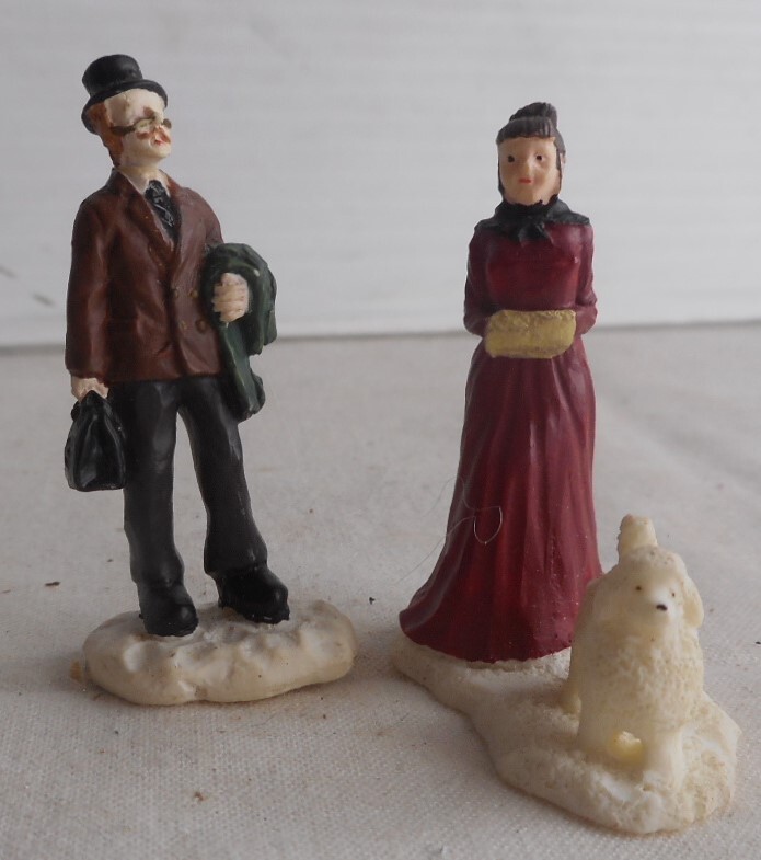 Village Figurine Man with Women Walking Dog in the Snow Christmas