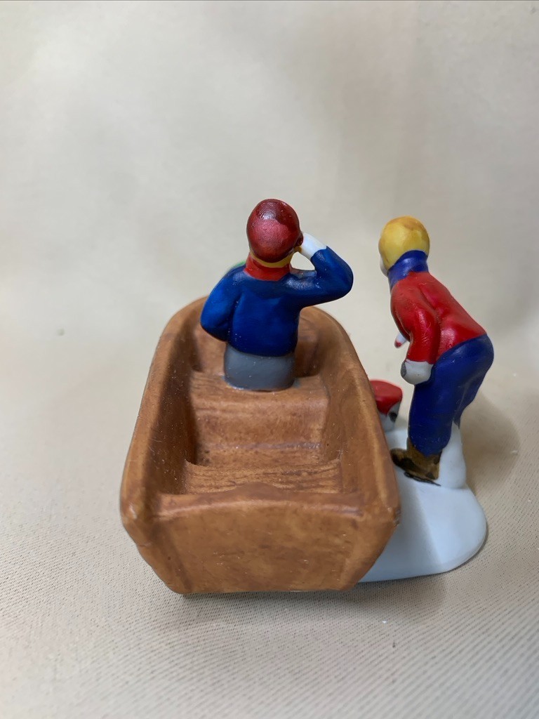 LEMAX 1998 Village HEARTHSIDE  “THE MEETING” Boat, boys dog, MERRY CHRISTMAS